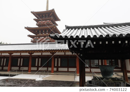 Yakushiji Temple in the snowy landscape 74003122