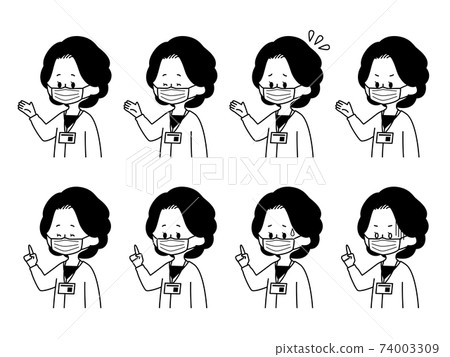 Facial expression set of female staff wearing masks-black and white 74003309