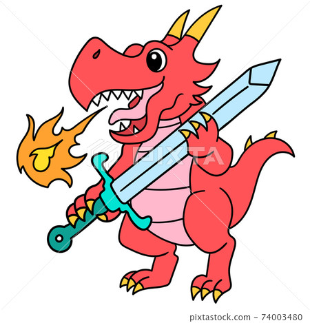 The red dragon gave off flames carrying a sword weapon, doodle icon image kawaii The red dragon gave off flames carrying a sword weapon, doodle icon image kawaii 74003480