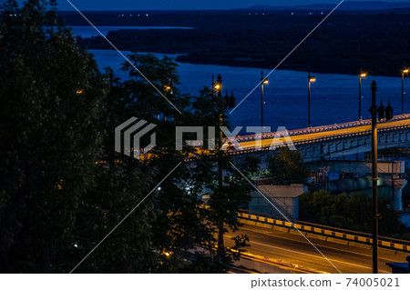 Bridge over the Amur river in Khabarovsk, Russia. Night photography. 74005021