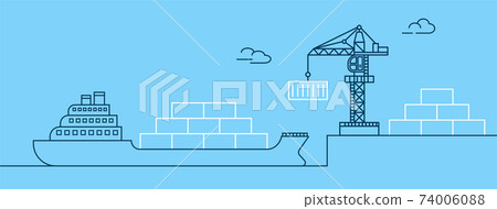 Crane lifting container with cargo ship on shipping port. Freight transport and logistics concept. Thin line art vector illustration. 74006088