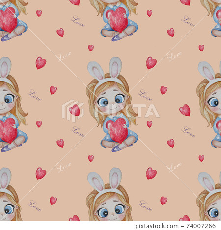 Seamless patterns. A cute girl with a hairdo and with rabbit ears on her head on a yellow background with hearts and the word love. Watercolor. Hand drawing 74007266