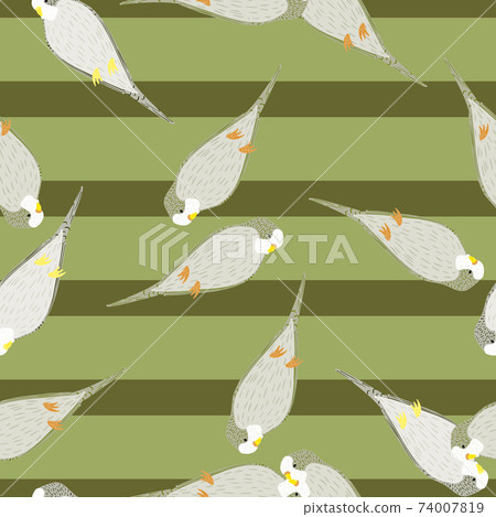 Seamless pattern in pale tones with simple grey parrot silhouettes. Green olive striped background. 74007819