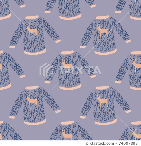 Cute winter seamless pattern with christmas sweater with deer. Blue palette artwork. 74007898