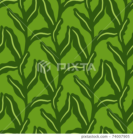 Spring seamless pattern with hand drawn exotic leaves foliage ornament. Green palette artwork. 74007905