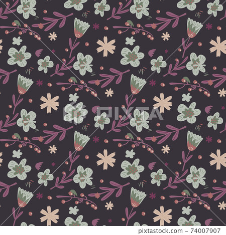 Botanic seamless pattern with doodle flower silhouettes and leaf elements. Purple background. Random ditsy print. 74007907