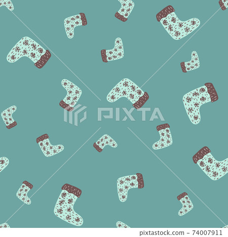Random seamless pattern with cartoon winter socks ornamental print. Blue background. Random seamless pattern with cartoon winter socks ornamental print. Blue background. 74007911