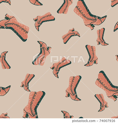 Random seamless pattern with elegance women boots with heel. Grey background. Simple decorative artwork. Random seamless pattern with elegance women boots with heel. Grey background. Simple decorative artwork. 74007916