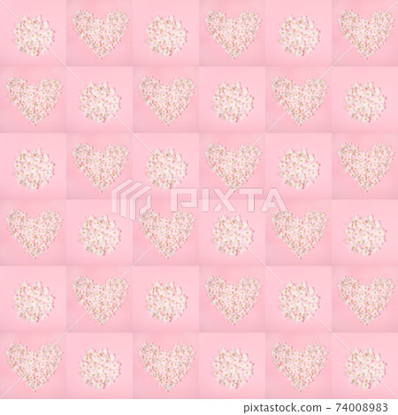 Festive floral seamless pattern of pink squares with shapes heart and circle laid out from white apple tree flowers. Holiday Mother's day, Valentine's Day, Wedding backdrop. Top view, flat lay. 74008983