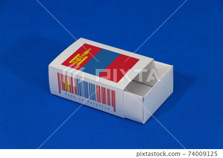 Mongolia flag on white box with barcode and the color of nation flag on blue background 74009125