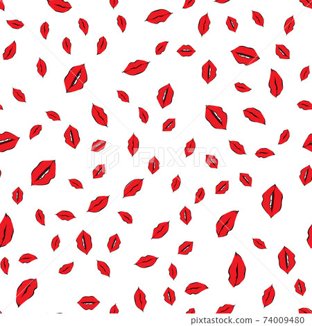 Seamless pattern with a lipstick kiss prints on white background. 74009480