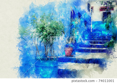 Chefchaouen, a city with blue painted houses. A city with narrow, beautiful, blue streets. Chefchaouen, a city with blue painted houses. A city with narrow, beautiful, blue streets. 74011001