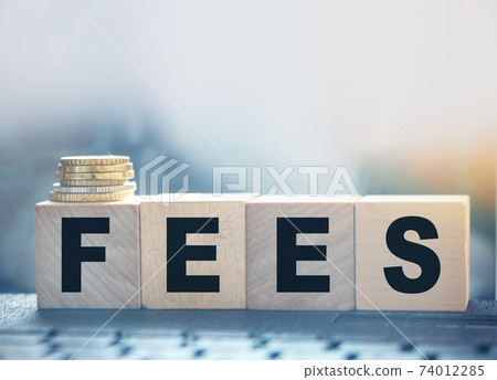 Wooden cubes with word Fees and coins on the wooden cubes. Concept of taxation, raising taxes and fees, increase and tax increases. Selective focus Wooden cubes with word Fees and coins on the wooden cubes. Concept of taxation, raising taxes and fees, increase and tax increases. Selective focus 74012285