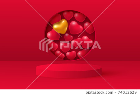 3d render of love valentine stages background or texture. Bright red festive podium or pedestal backgrounds. Vector illustration 74012629