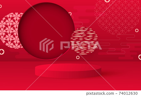 3d render of love valentine stages background or texture. Bright red festive podium or pedestal backgrounds. Vector illustration 74012630