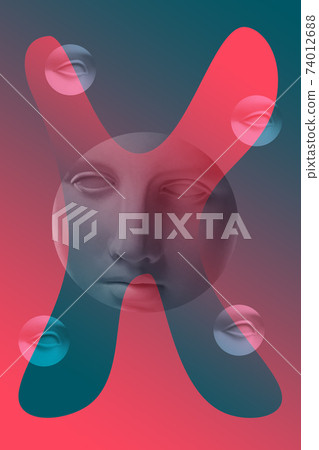 Collage with plaster antique sculpture of human face in a pop art style. Modern creative concept image with ancient statue head. Zine culture. Contemporary art poster. Funky minimalism. Retro design. 74012688