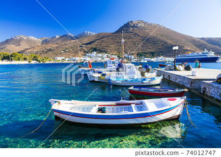 traditonal fishing boats in Katapola port, Amorgos island, Greece 74012747