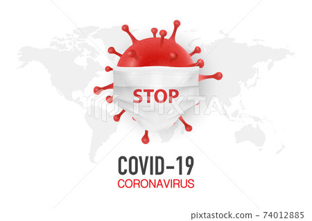 Vector Banner, Placard with 3d Realistic Coronavirus Bacteria, Cell and Medical Mask on White Background. Vaccine, 2019-nCoV, Covid-2019, Covid-19. Infection, Dangerous Concept. Design Template 74012885