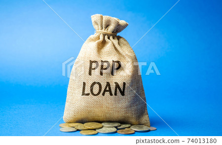 Money bag with the word PPP loan - Paycheck Protection Program. Loan designed to provide a direct incentive for small businesses to keep their workers on the payroll. Business and finance concept 74013180