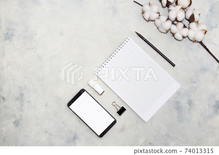 Flat lay composition with cotton branch and mobile telephone, note on gray background. Delicate white cotton flowers 74013315