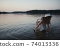 little cute girl with long hair on the lake 74013336