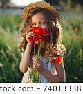 cute little girl in meadow with red poppies 74013338