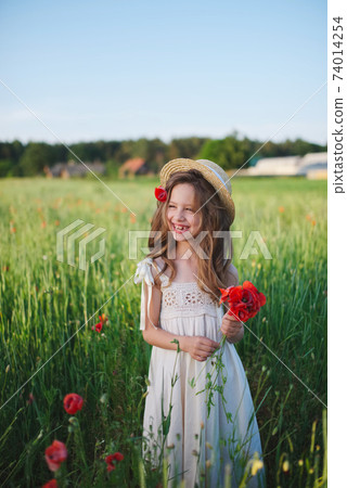 cute little girl in meadow with red poppies cute little girl in meadow with red poppies 74014254