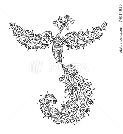 Firebird with a Majestic Tail. Phoenix Bird. Mythical character. Ornamental Silhouette for your design Firebird with a Majestic Tail. Phoenix Bird. Mythical character. Ornamental Silhouette for your design 74014939