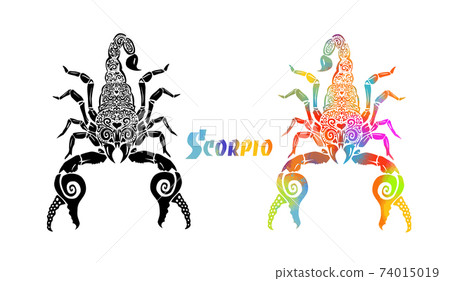 Scorpion of multicolored patterns. T-shirt print. Scorpio zodiac sign. Mixed media. Vector illustration 74015019
