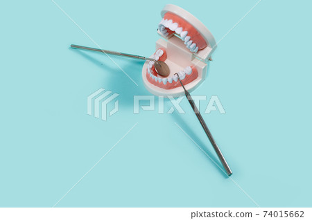 Dental steel mirror and scaler on the model of human jaw teeth. Isolated on a blue background 74015662