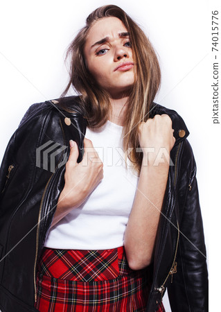 young pretty stylish hipster girl in leather jacket and school shirt posing emotional isolated on white background happy smiling cool smile, lifestyle people concept young pretty stylish hipster girl in leather jacket and school shirt posing emotional isolated on white background happy smiling cool smile, lifestyle people concept 74015776