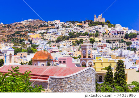 Colors of Greece - vivid sunny Syros , view of Ano Syros village, Cyclades Colors of Greece - vivid sunny Syros , view of Ano Syros village, Cyclades 74015990