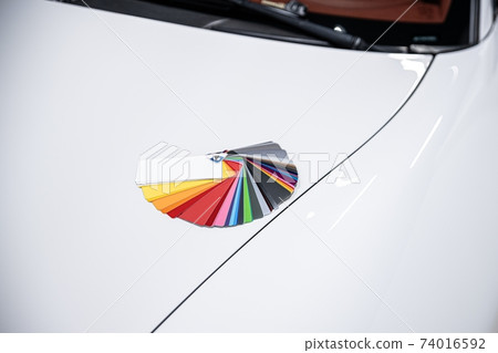 Man choosing color of his car with color sampler. 74016592