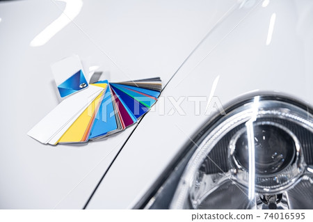 Man choosing color of his car with color sampler. 74016595