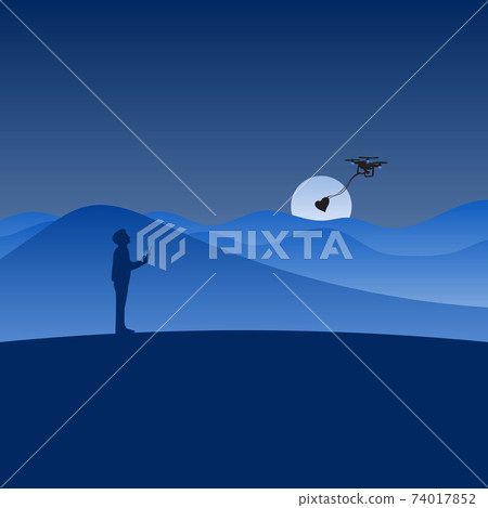 man using drone to send heart shape to his lover in Valentine's day in the blue background shade illustration vector. 74017852