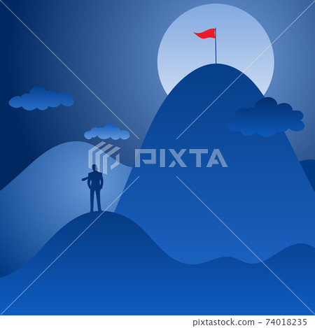 businessman looking at the top of the mountain with red flag in the blue background illustration vector. Motivation business concept. 74018235
