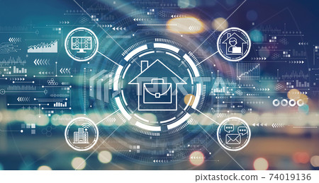 Telework theme with blurred city lights 74019136