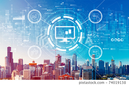 Stock trading theme with downtown Chicago cityscape Stock trading theme with downtown Chicago cityscape 74019138