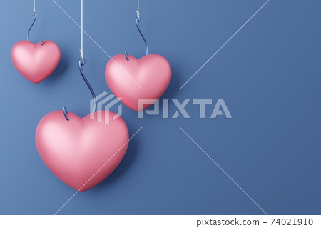 Hanging Heart symbol 3D rendering pink color with fishhook, Valentine's Day fall in love concept design on blue background with copy space 74021910