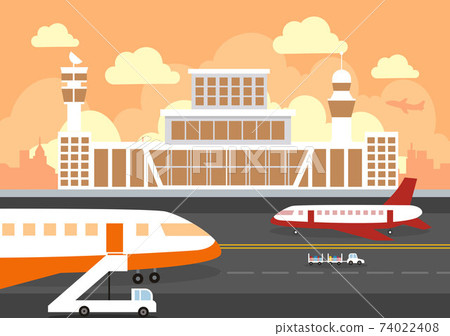 Airport Terminal building with infographic aircraft taking off and Different transport types elements templates Vector illustration 74022408