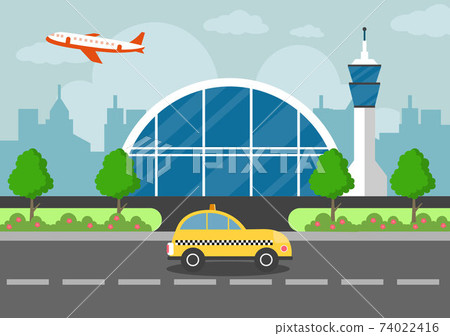 Airport Terminal building with infographic aircraft taking off and Different transport types elements templates Vector illustration 74022416