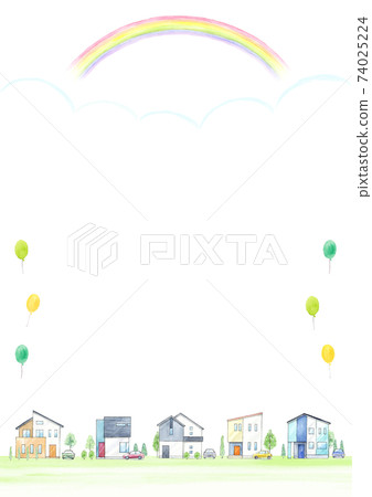 城市景觀與彩虹水彩插圖A4垂直 74025224