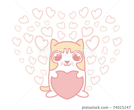 Cute cat holding pink heart with group of small hearts. Cute cat holding pink heart with group of small hearts. 74025247