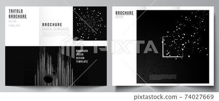 Vector layouts of covers templates for trifold brochure, flyer layout, book design, brochure cover, advertising. Black color technology background. Digital visualization for science, medical, tech. Vector layouts of covers templates for trifold brochure, flyer layout, book design, brochure cover, advertising. Black color technology background. Digital visualization for science, medical, tech. 74027669