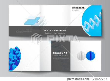 Vector layout of square covers design templates for trifold brochure, flyer, magazine, cover design, book design. 3d render vector composition with dynamic realistic geometric blue shapes in motion. 74027734