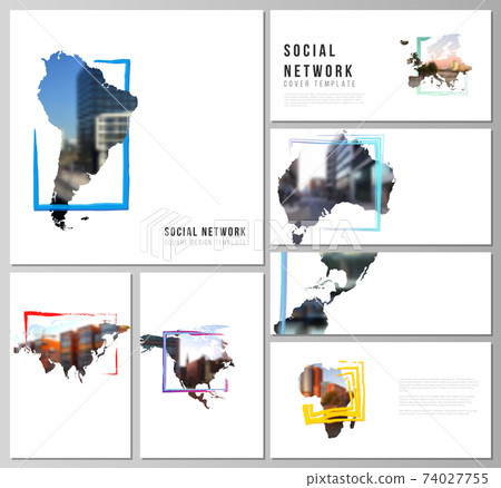 Vector layouts of social network mockups for cover design, website design, website backgrounds or advertising mockups. Design template in the form of world maps and colored frames, insert your photo. 74027755