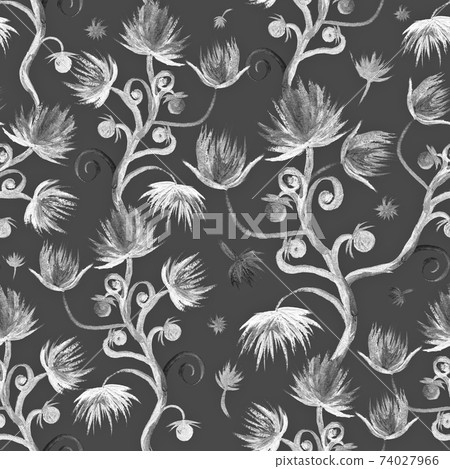 seamless monochrome watercolor pattern decorative fabulous flowers of black and white color 74027966