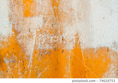 Old metal background painted in yellow and white with rust 74028753