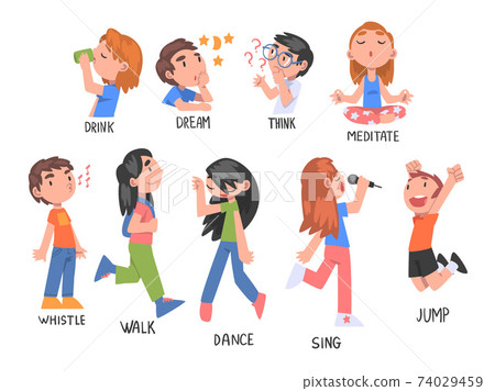 Verbs Expressing Actions Set, Children Education Concept, Cute Kids Doing Activities Cartoon Style Vector Illustration Verbs Expressing Actions Set, Children Education Concept, Cute Kids Doing Activities Cartoon Style Vector Illustration 74029459