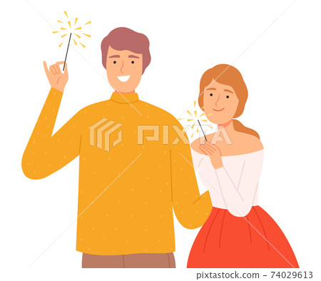 Happy Young Couple with Burning Sparklers, Smiling Man and Woman Celebrating Holiday Event Together Cartoon Style Vector Illustration 74029613